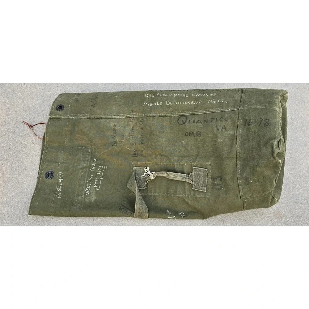 VTG Vietnam War USMC Type I Canvas Duffel Bag Trench Art Sea Bag USS Enterprise